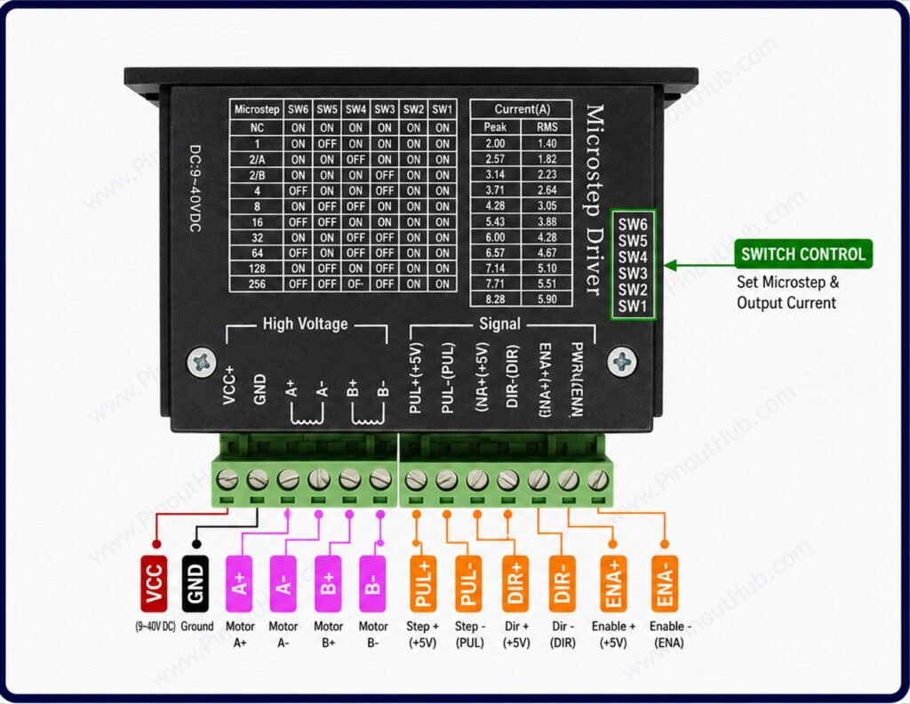 TB6600 Stepper Motor Driver Pinout