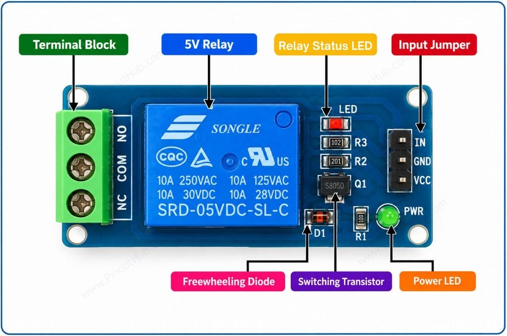 Different components of a 1 channel relay module pinout